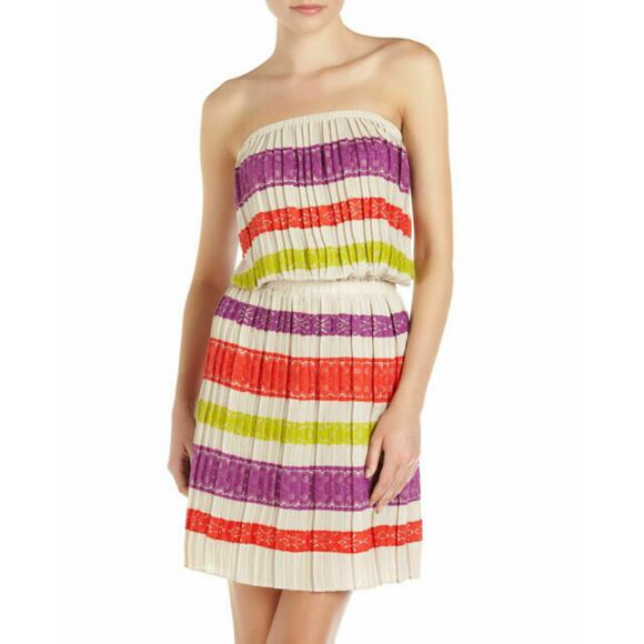 BCBGMAXAZRIA Womens Mateo Oatmeal Lace Panel Blouson Strapless Dress S - Picture 2 of 9